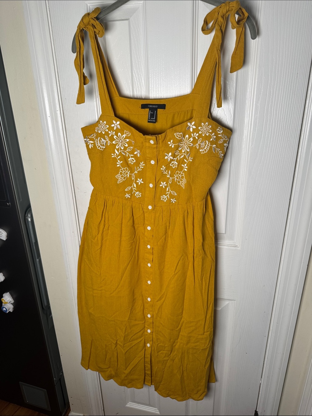 Forever 21 Mustard Tie-Shoulder Midi Dress with White Embroidery